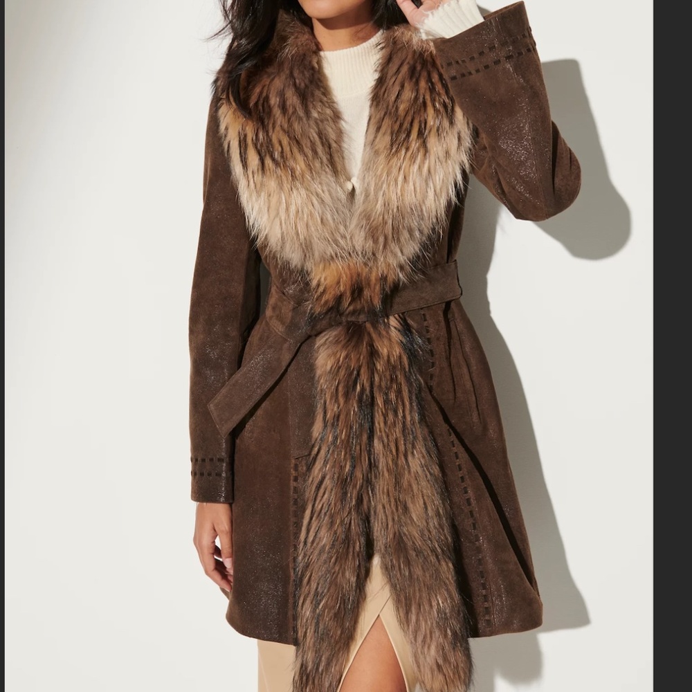 Overland- Felicity Distressed Lambskin Leather Coat with Fur Collar